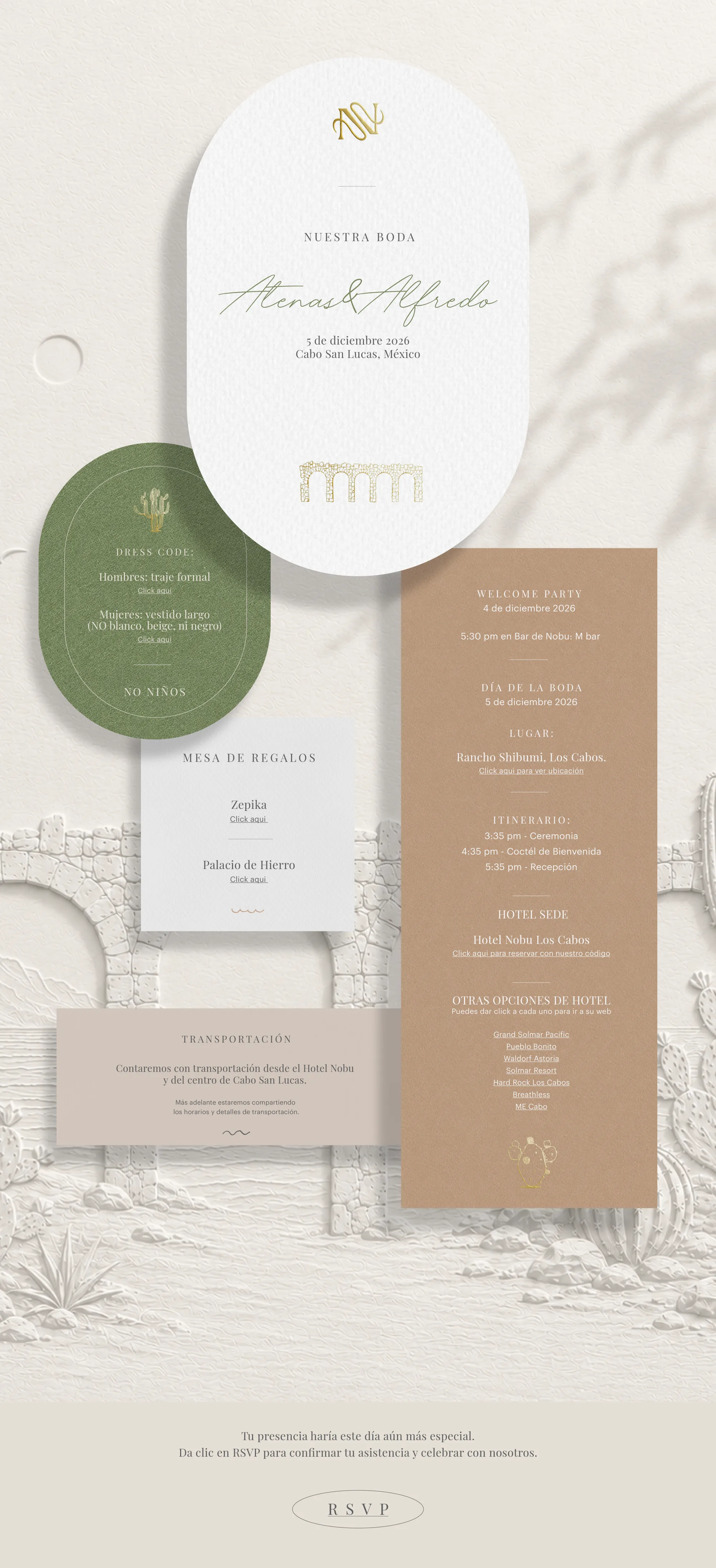 Invitacion de boda de Atenas y Alfredo, 5 de diciembre de 2026, Cabo San Lucas, Mexico.